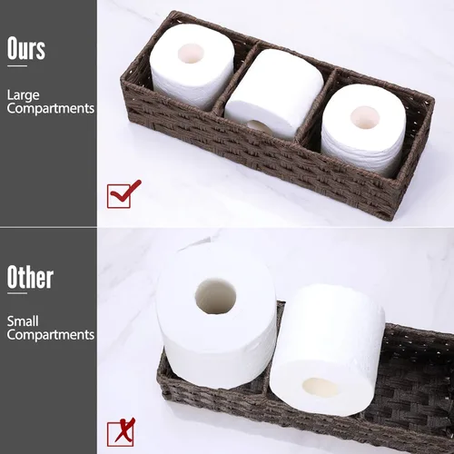 Vista 2 de [Compartimentos más grandes] Cesta de papel superior del tanque de inodoro - Cesta de mimbre de plástico multiusos tejida a mano con divisor