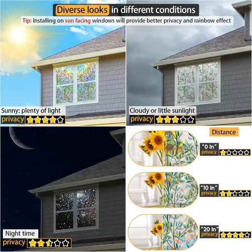 Vista 7 de Dwersty - Vinilo de privacidad arcoíris para ventana con línea de corte, adhesivos 3D, para vitrales, adhesivo estático, cubierta que bloquea