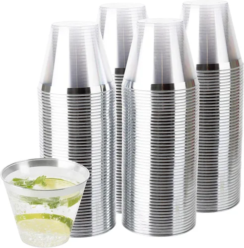 Vista 18 de PLASTICPRO Vasos de plástico desechables de 9 onzas, vasos de diseño antiguo, 100 unidades, transparente