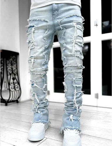 Vista 2 de GDJGTA Jeans apilados para hombre, ajustados, rasgados, elásticos, desgastados, rectos, pantalones de mezclilla estilo hip hop, ropa de calle