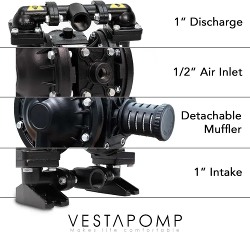 Vista 6 de Vestapomp Bomba de diafragma operada por aire, nueva versión, bomba de diafragma de aire, aceite residual AODD, doble transferencia neumática
