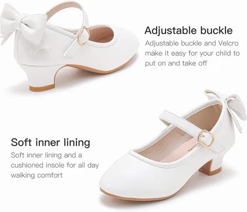 Vista 5 de Dufannie Zapatos de vestir para niñas, zapatos de tacón bajo de princesa, zapatos planos con purpurina para bodas y fiestas