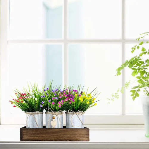 Vista 7 de CALAVAK Centro de mesa decorativo de madera con 3 macetas de metal artificiales para el aliento del bebé, plantas de gypsophila, decoración rústica