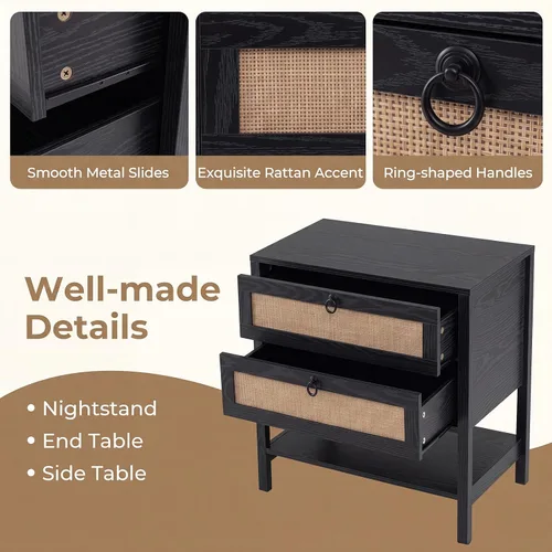 Vista 8 de KOMFOTT Rattan Nightstand, Bedside Table with 2 Drawers (Black,1)