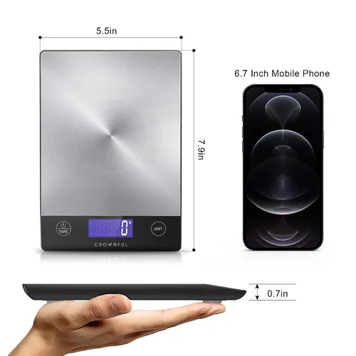 Vista 11 de CROWNFUL Báscula de alimentos, 33 libras, recargable, de acero inoxidable 304, báscula digital de cocina, gramos, onzas y onzas, con pantalla LCD