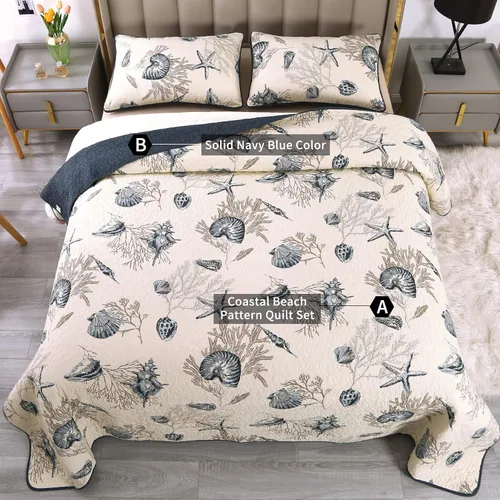 Vista 3 de Comforbed Qucover - Colchas costeras tamaño King, 3 piezas con temática de playa con diseño de estrellas de mar y conchas azules, colchas costeras