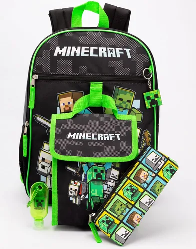 Vista 7 de Minecraft Mochila para niños de 5 piezas Creeper Zombie School Lunch Bag Gamer, Negro