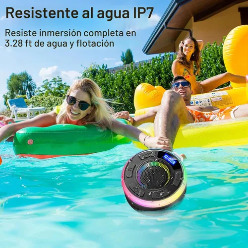 Vista 4 de Altavoz Bluetooth de ducha IPX7 impermeable, altavoces Bluetooth portátiles con ventosa y pantalla de tiempo, sonido de cristal y luz LED de graves