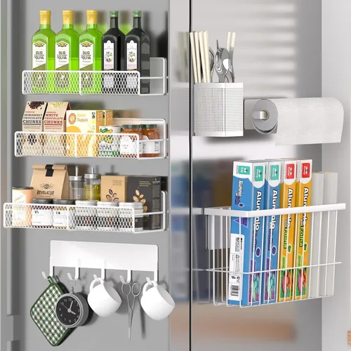 Vista 39 de Estante magnético para especias para refrigerador, paquete de 7 estantes magnéticos fuertes 100% de metal, organizador de especias con soporte