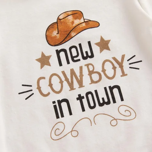 Vista 5 de SAYOO Western Newborn Baby Boys Cowboy Outfit Cow Print Letter Bodysuit Long Leggings Cap 3pcs Infant Boy Country Clothes