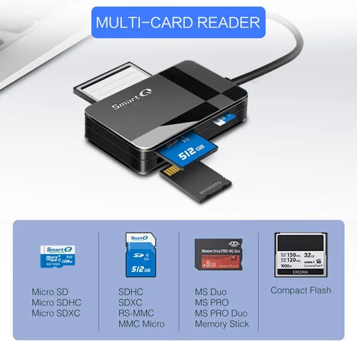 Vista 2 de SmartQ C368 Lector de Tarjetas USB 3.0 - Plug & Play, Compatible con Apple y Windows, Soporta Tarjetas SD, Micro SD, MS, CF