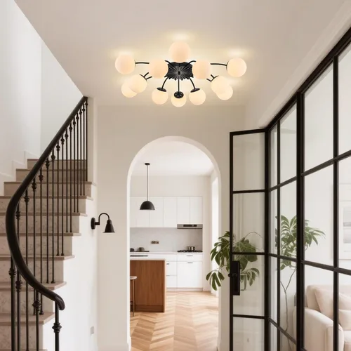 Vista 5 de Lámpara de araña Sputnik de 12 luces, color negro con burbujas de vidrio de leche Luces de techo semi empotradas, acento de flor, Art Deco