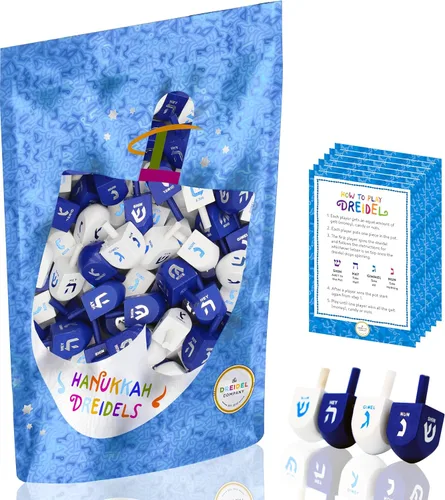 Vista 6 de The Dreidel Company Dreidels de Hanukkah de madera maciza azul y blanco, pintados a mano con transliteración en inglés, incluye tarjetas