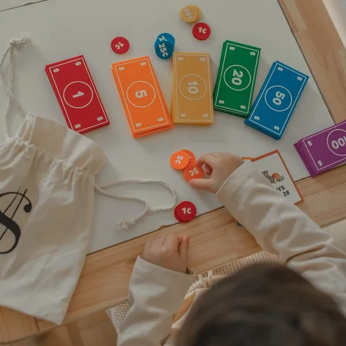 Vista 5 de Good Ground Juego de simulación para niños de fieltro educativo Montessori juguete dólares billetes monedas, billetera, juego de conteo para niños