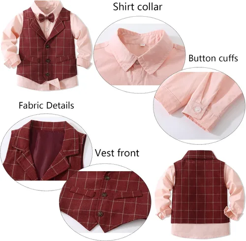 Vista 3 de Baby Boys' 4-Piece Gentleman Suit Set with Shirt, Vest, Bowtie and Pants Outfits