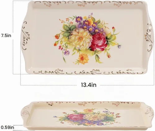 Vista 4 de YOLIFE Bandeja decorativa de cerámica floral para fiesta de té, 13.5 x 7.5 pulgadas Arbustos florecientes