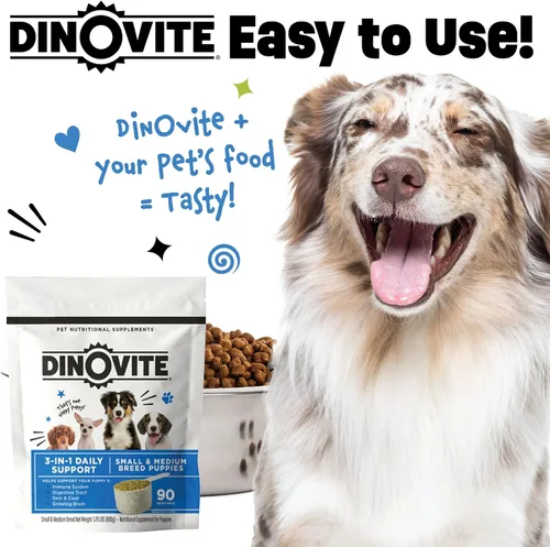 Vista 7 de Dinovite Probiótico 3 en 1 para cachorros, piel y pelaje, salud digestiva y alivio articular, complementos alimenticios para perros, aceite