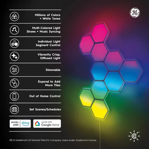 Vista 2 de Cync GE Dynamic Effects - Luces LED hexagonales inteligentes con WiFi que cambian de color, paneles de luz de pared para decoración de habitación