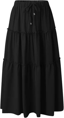 Vista 4 de Falda larga de cintura alta elástica para mujer, estilo bohemio, con volantes, acampanado, falda larga floral