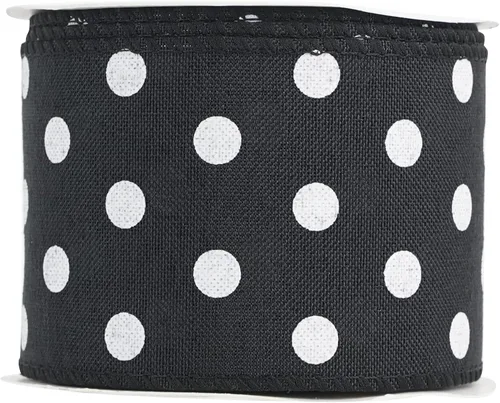 Vista 6 de HUIHUANG Cinta de lunares negros con alambre, 2.5 pulgadas x 10 yardas, arpillera de puntos blancos y negros con borde de alambre para manualidades