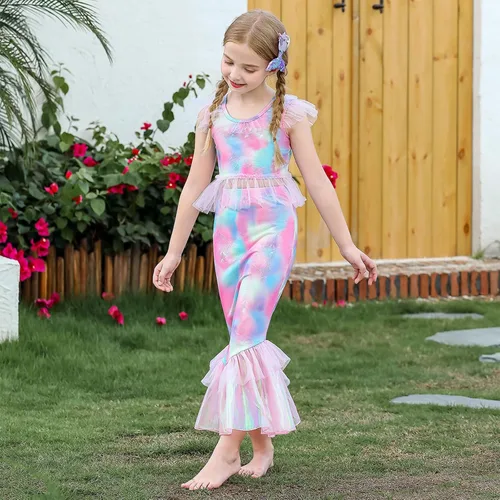 Vista 5 de Tempura Ropa de disfraz de sirena para niñas y niñas, con diamantes de imitación teñidos, falda de sirena, calzoncillos para fiestas de niños