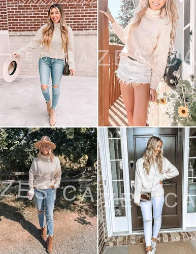 Vista 6 de ZESICA Suéter de punto sin botones manga larga para mujer, cuello alto, informal, estilo suelto