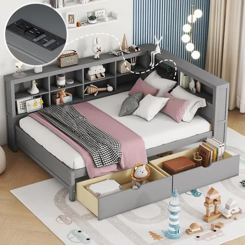 Vista 23 de HomSof Cama individual con 2 cajones, madera maciza, no necesita somier, gris