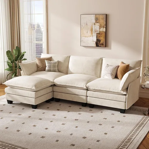 Vista 17 de KKL Sofá Cama Seccional Modular, Sofá Cama Convertible Seccional en Forma de L de 4 Plazas con Otomana, Sofá Nube de Chenilla Seccional para Sala