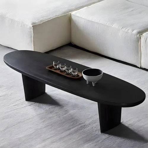 Vista 4 de RUNNUP Mesa de centro de madera negra ovalada, moderna, mesa de centro de decoración para sofá, mesa de cóctel para apartamento pequeño, sala