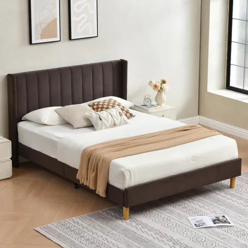 Vista 26 de Marco de cama tapizado de terciopelo individual con cabecera con respaldo de ala, color crema Cama de plataforma capitoné de canal vertical