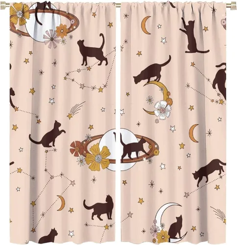 Vista 56 de Cortinas de estilo de mediados de siglo, diseño geométrico abstracto moderno, diseño retro, estampado de gato negro, para dormitorio, sala de estar