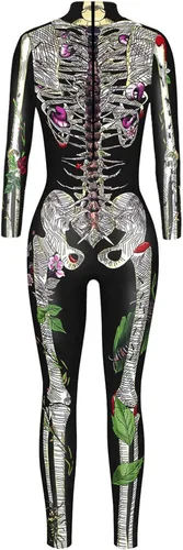 Vista 4 de Fixmatti Disfraz de fiesta de Halloween para mujer, traje de manga larga con estampado de calavera