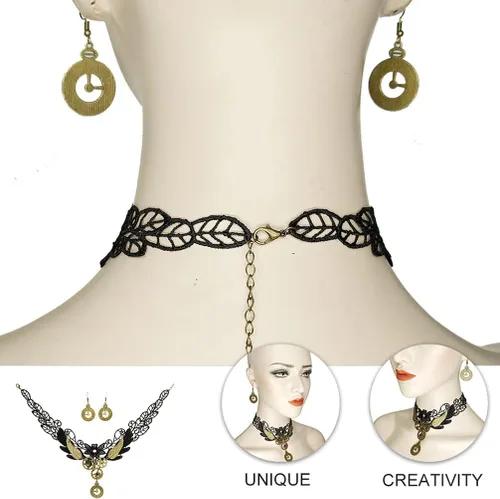 Vista 7 de Generic Gargantilla de encaje gótico, aretes vintage, collar steampunk, gargantilla de engranaje, accesorios de disfraz para mujeres y niñas, 3