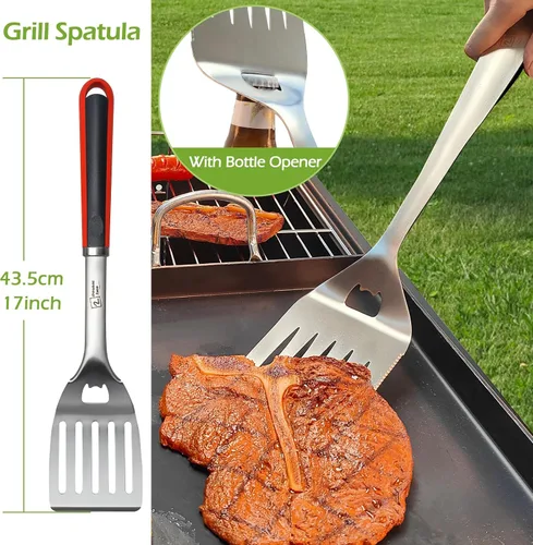 Vista 2 de Juego de herramientas de barbacoa de acero inoxidable de 4 piezas, pinzas, tenedor, espátula, cepillo, utensilios para parrilla - Herramientas