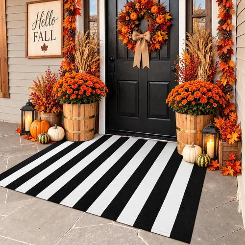 Vista 13 de KIMODE - Alfombra de algodón tejida con diseño a rayas en color negro, para puerta de entrada, cocina, decoración de estilo rústico