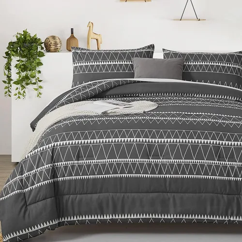Vista 11 de WONGS BEDDING Juego de edredón negro tamaño matrimonial, edredón reversible bohemio a rayas de plumón alternativo para cama matrimonial, 3 piezas