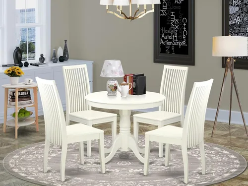 Vista 2 de East West Furniture ANIP5-LWH-W - Juego de mesa de comedor moderno de 5 piezas, incluye una mesa de cocina redonda con pedestal y 4 sillas