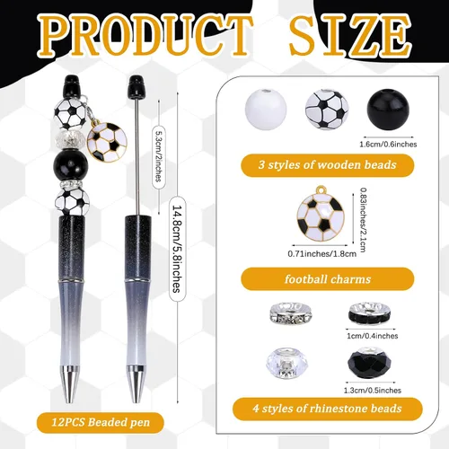 Vista 2 de 12 piezas de bolígrafos con cuentas a granel, bolígrafos con cuentas DIY, colgante de fútbol, bolígrafos con cuentas de tinta negra, kit de regalo