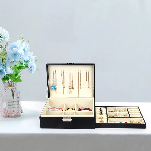 Vista 7 de Songaa Organizador de joyas de piel sintética, estuche para joyería para aretes, pulsera, collar y anillos de almacenamiento, caja de almacenamiento