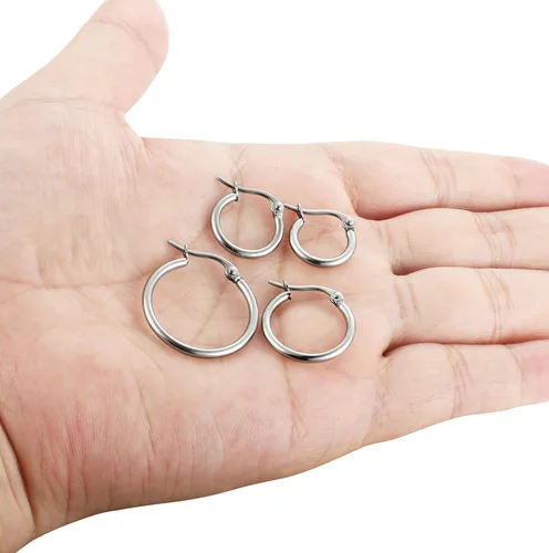Vista 4 de ORAZIO 4 Pares de pendientes de argollas de acero inoxidable. Pendientes tipo argolla plana para mujer, de 10-20 milímetros.