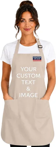 Vista 9 de Delantal personalizado con nombre o logotipo personalizado, cuello ajustable, 2 bolsillos, mezcla de algodón de fácil cuidado Crema