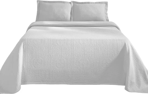 Vista 2 de Superior Fleur De Lis - Juego de colcha de algodón de 3 piezas, decoración de cama para el hogar, colcha decorativa con textura, 2 fundas de Blanco