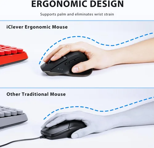 Vista 3 de iClever Ratón inalámbrico con Bluetooth o receptor USB, 5 niveles de DPI ajustables hasta 2400DPI, ratón recargable para computadora, ratón