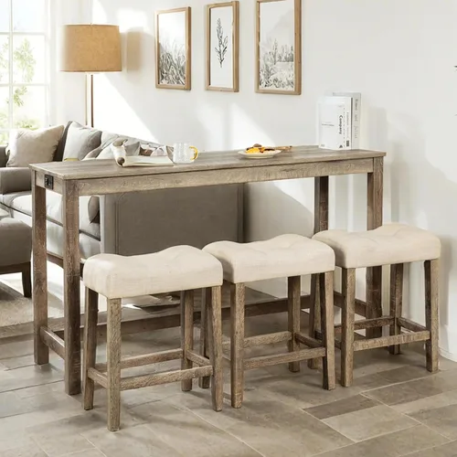 Vista 20 de Juego de mesa de barra de 59" de altura de mostrador con toma de corriente, mesa de desayuno industrial con 3 taburetes acolchados, juego de mesa
