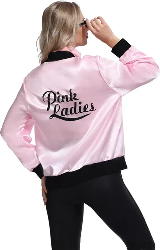 Vista 5 de Wizland Chaqueta de grasa rosa para mujer, disfraz de Halloween, cosplay, chaqueta de satén rosa de los años 50 con bufandas para el cuello y gafas