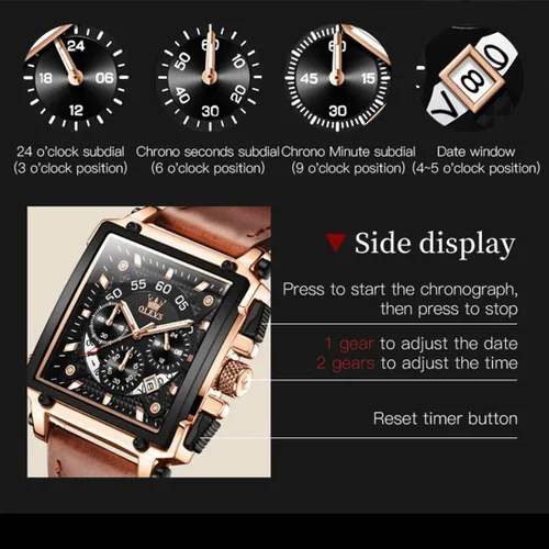 Vista 4 de OLEVS Reloj analógico de cuarzo para hombre, correa de cuero, reloj de cuarzo analógico, a la moda, esfera grande, impermeable, vestido luminoso
