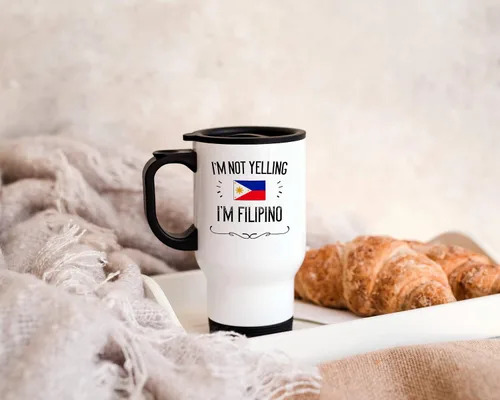 Vista 4 de Taza de viaje de 14 onzas con texto en inglés "I'm Not Yelling I'm Filipino" (14 onzas) de recuerdo del orgullo del orgullo y regalos del orgullo
