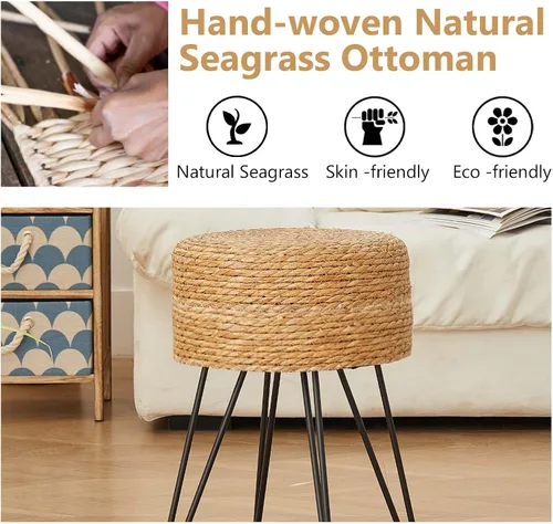 Vista 11 de Taburete de maquillaje de tocador, taburete otomano de hierba marina natural tejido a mano, taburete moderno multifuncional, taburete de tocador