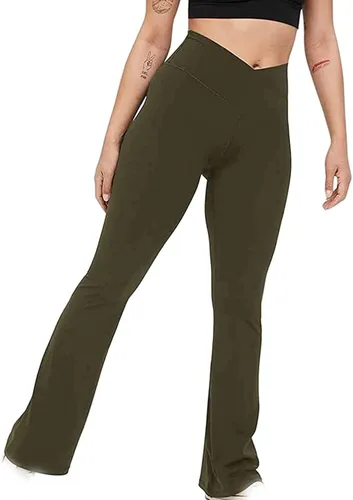 Vista 3 de Wiyuqeen Pantalones de yoga acampanados para mujer, de cintura alta, cruzados, con bolsillos, con control de abdomen
