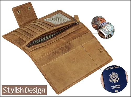 Vista 5 de Mou Meraki - Cartera larga de piel auténtica con bloqueo RFID plegable vintage para hombre